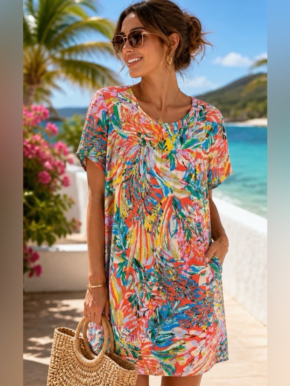 Tropical Print Shift Dress Colorful Resort Vacation Beach Cover Up Women’s M